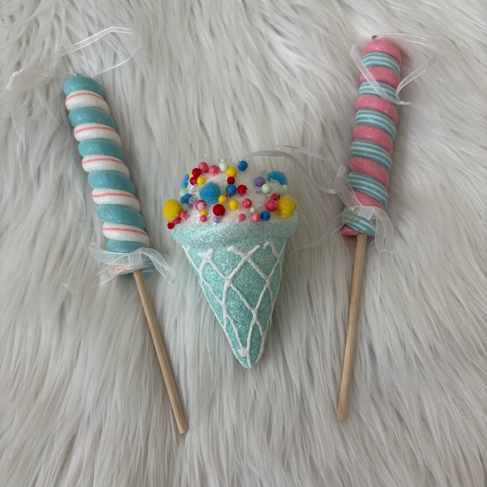 Set of 3 Pastel Ice Cream Cone and Swirly Lollipop Ornaments